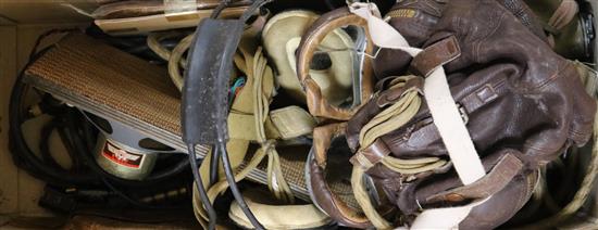 A WWII RAF Pilots B6 brown leather flying helmet with built in head phones, goggles and various input cables